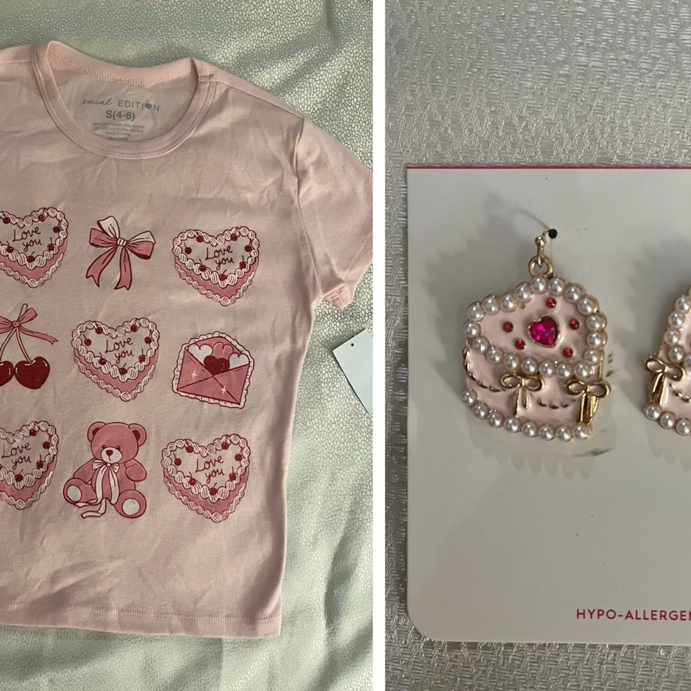 Bundle of Pink Graphic Tee and Heart Earrings